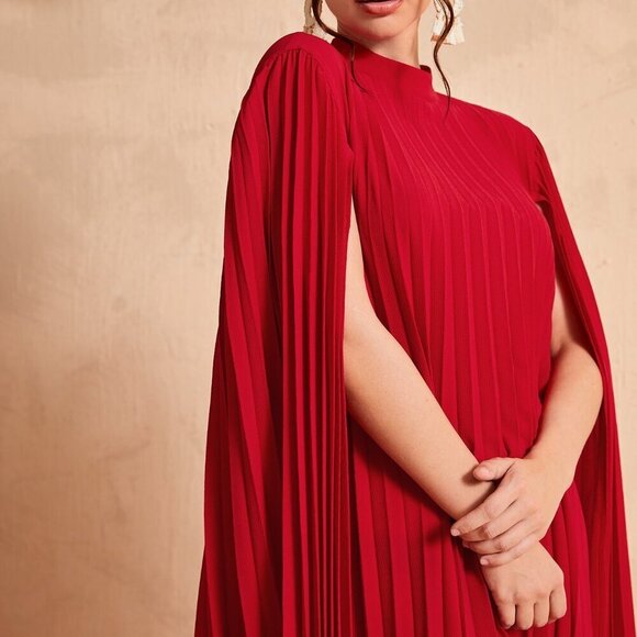 Red Party Women's Stand Collar Cloak Sleeve Dress - Picture 6 of 6